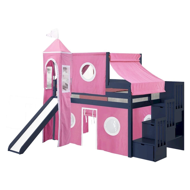 Low Loft Twin Bed with Stairs, Slide, Tent & Tower