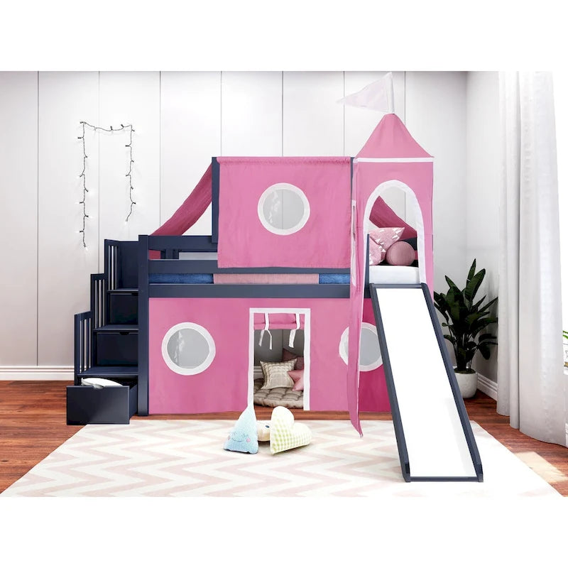 Low Loft Twin Bed with Stairs, Slide, Tent & Tower