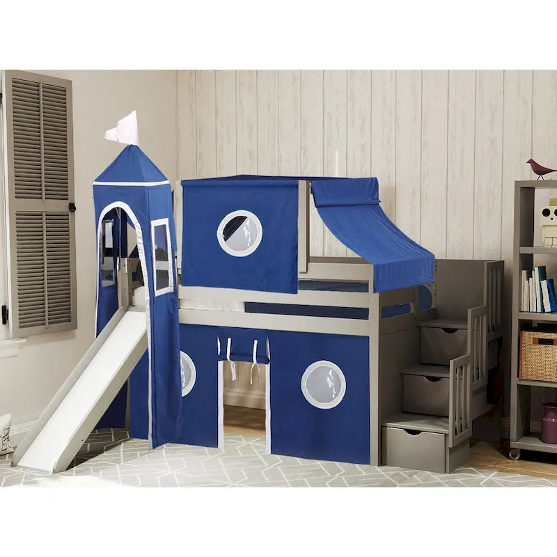 Low Loft Twin Bed with Stairs, Slide, Tent & Tower