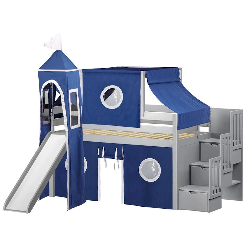 Low Loft Twin Bed with Stairs, Slide, Tent & Tower