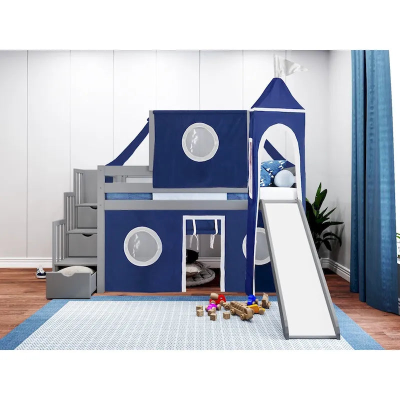 Low Loft Twin Bed with Stairs, Slide, Tent & Tower
