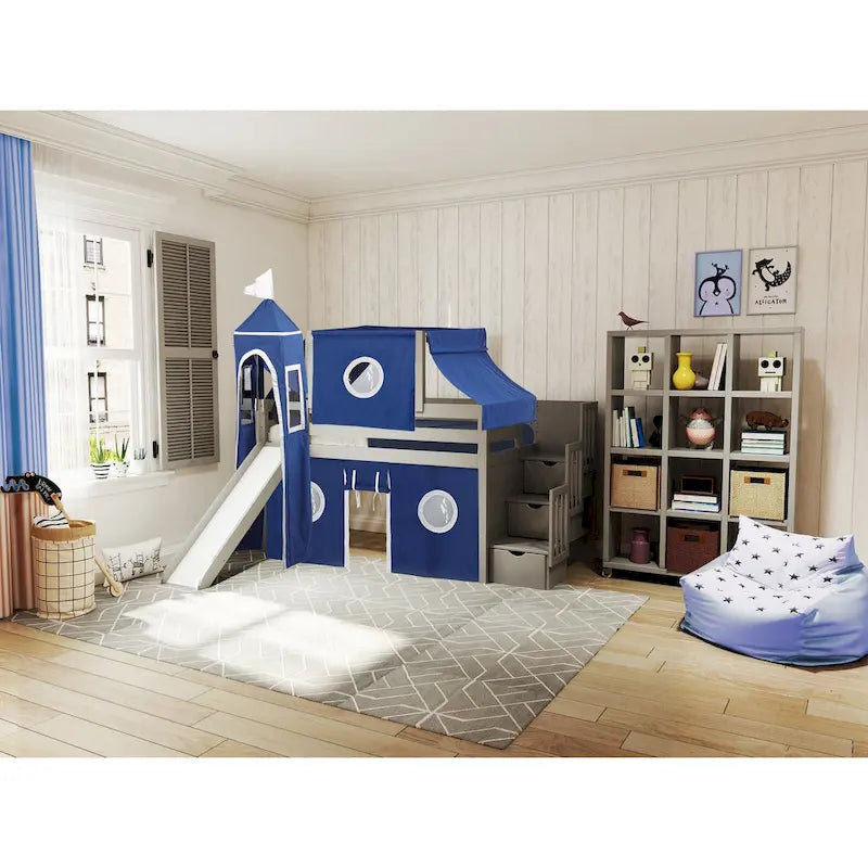 Low Loft Twin Bed with Stairs, Slide, Tent & Tower