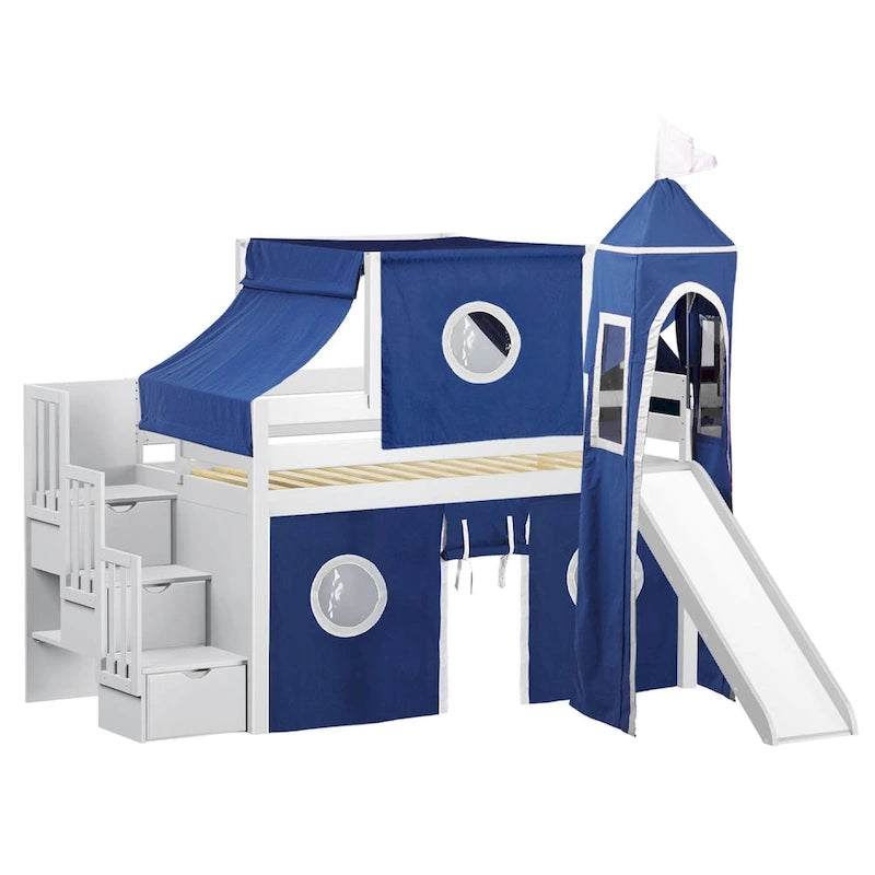 Low Loft Twin Bed with Stairs, Slide, Tent & Tower