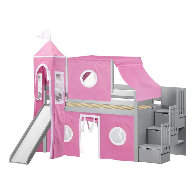 Low Loft Twin Bed with Stairs, Slide, Tent & Tower