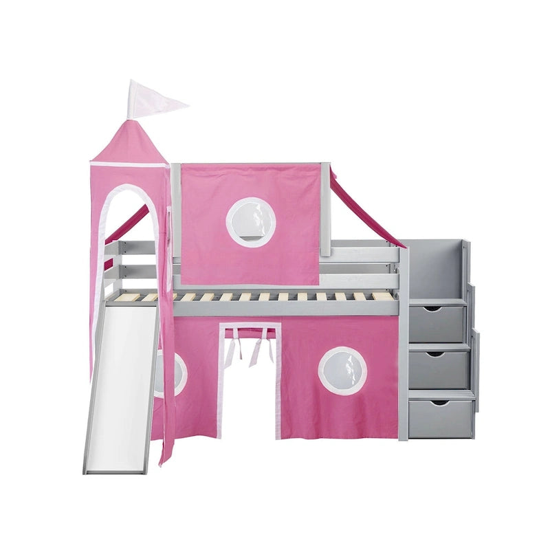 Low Loft Twin Bed with Stairs, Slide, Tent & Tower