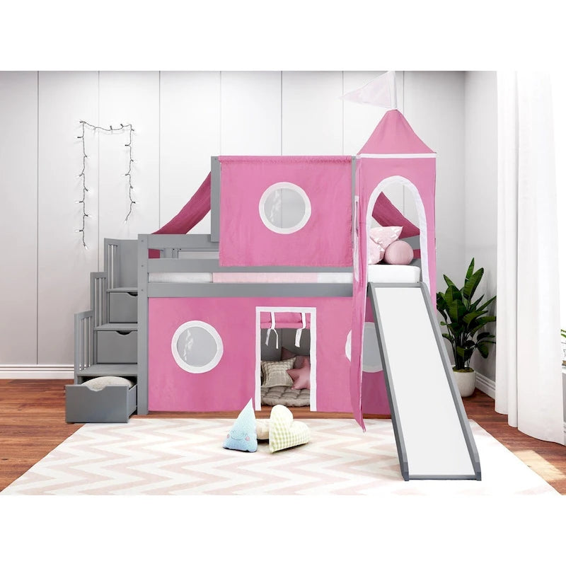 Low Loft Twin Bed with Stairs, Slide, Tent & Tower