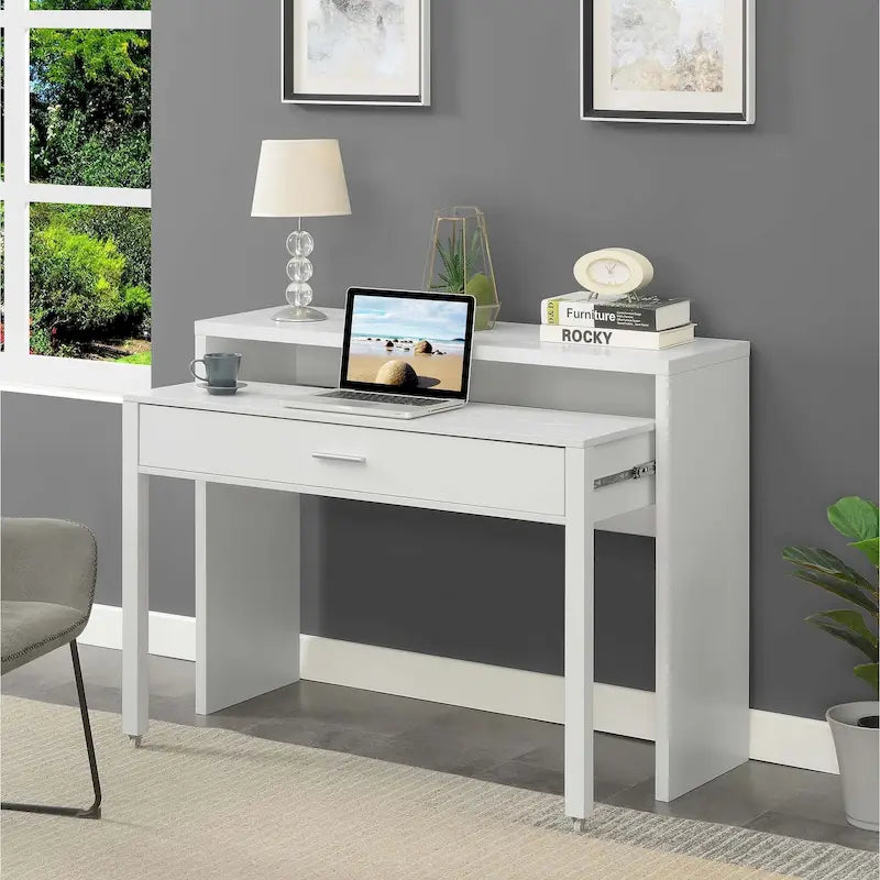 Modern Console Sliding Desk with Drawer and Monitor Riser
