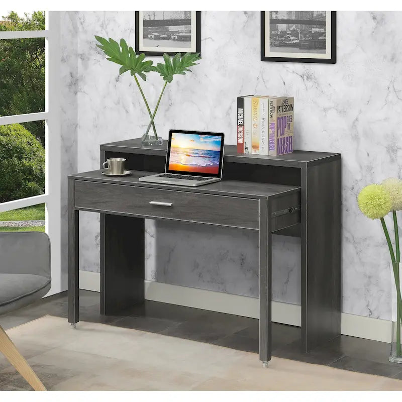 Modern Console Sliding Desk with Drawer and Monitor Riser