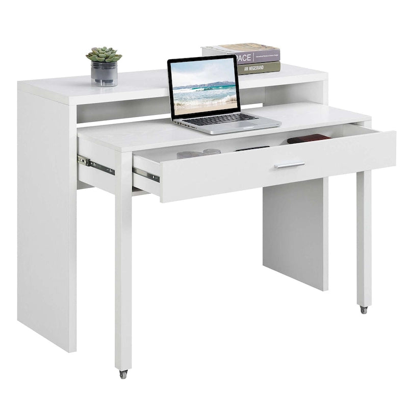 Modern Console Sliding Desk with Drawer and Monitor Riser