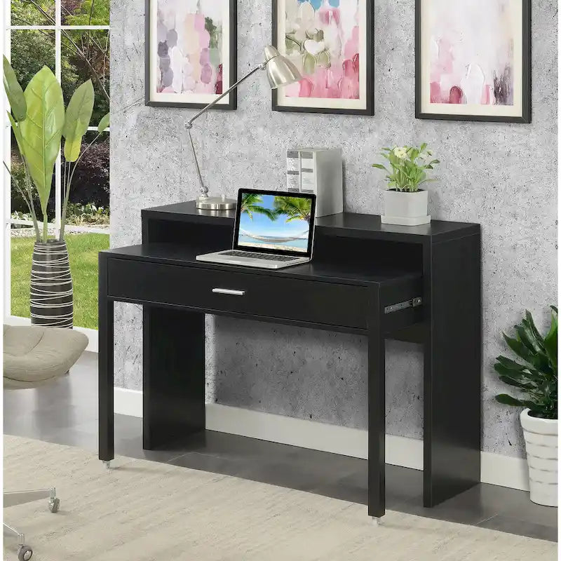 Modern Console Sliding Desk with Drawer and Monitor Riser
