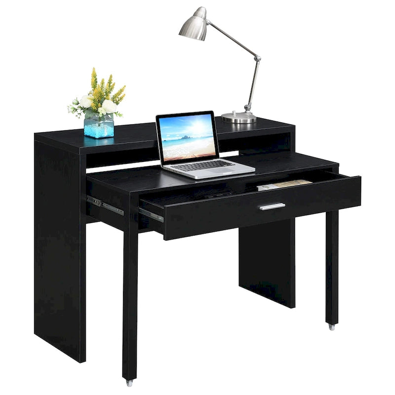 Modern Console Sliding Desk with Drawer and Monitor Riser