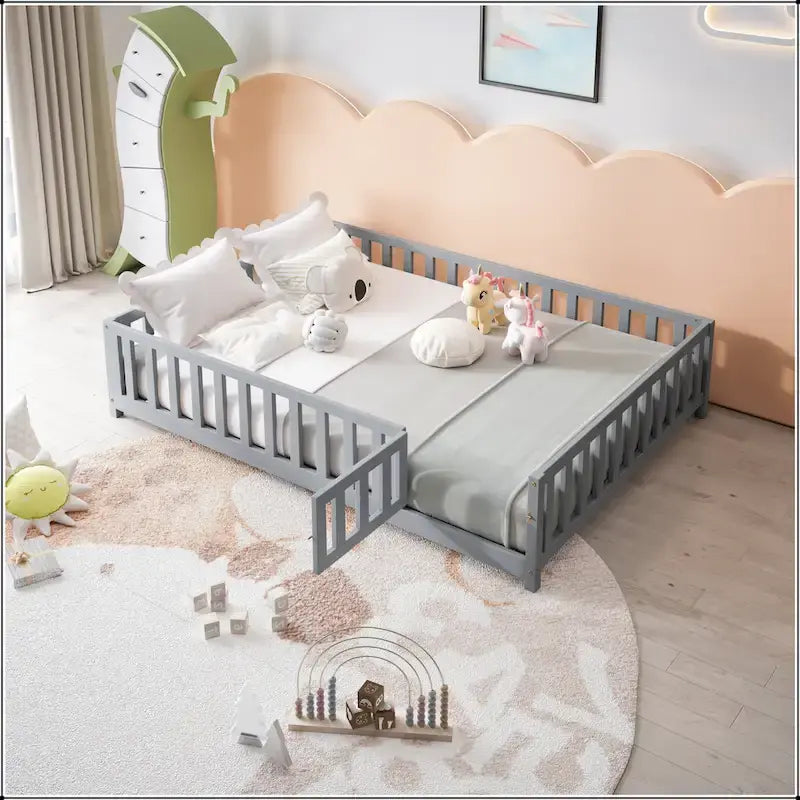Full Size Floor Platform Bed with Fence and Door for Kids