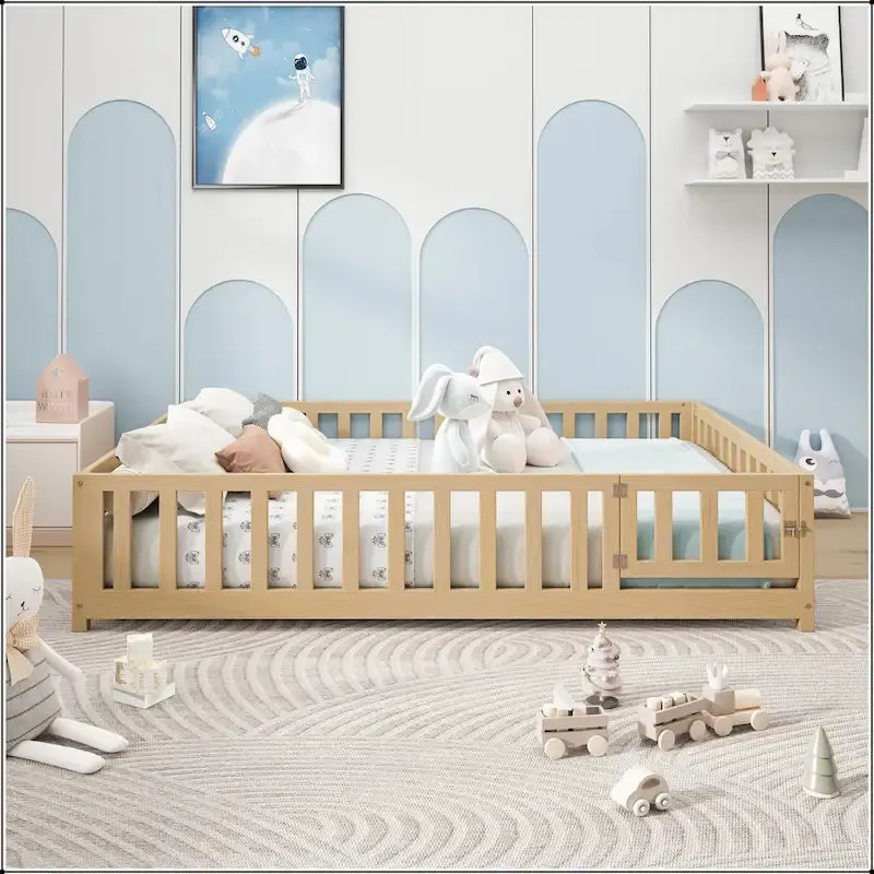 Full Size Floor Platform Bed with Fence and Door for Kids