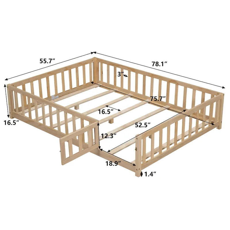 Full Size Floor Platform Bed with Fence and Door for Kids