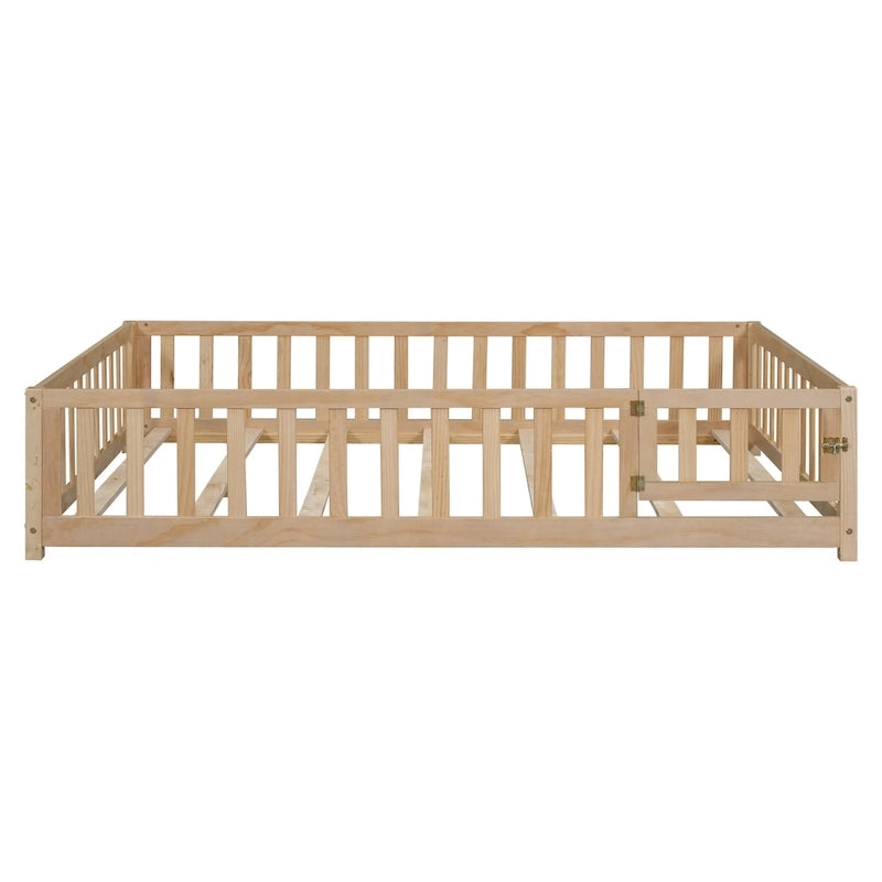 Full Size Floor Platform Bed with Fence and Door for Kids