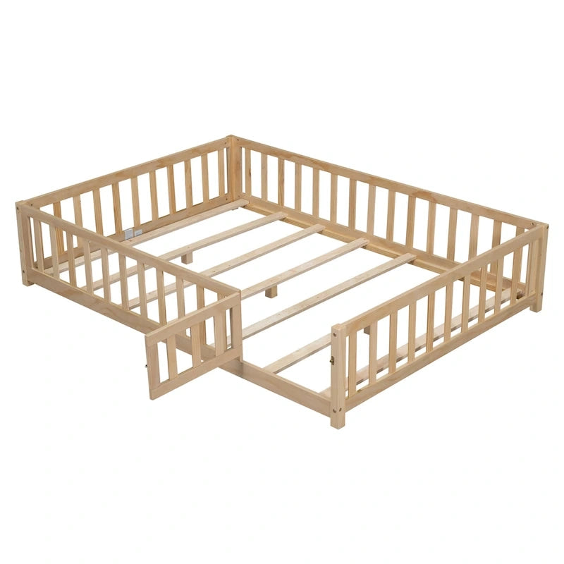 Full Size Floor Platform Bed with Fence and Door for Kids