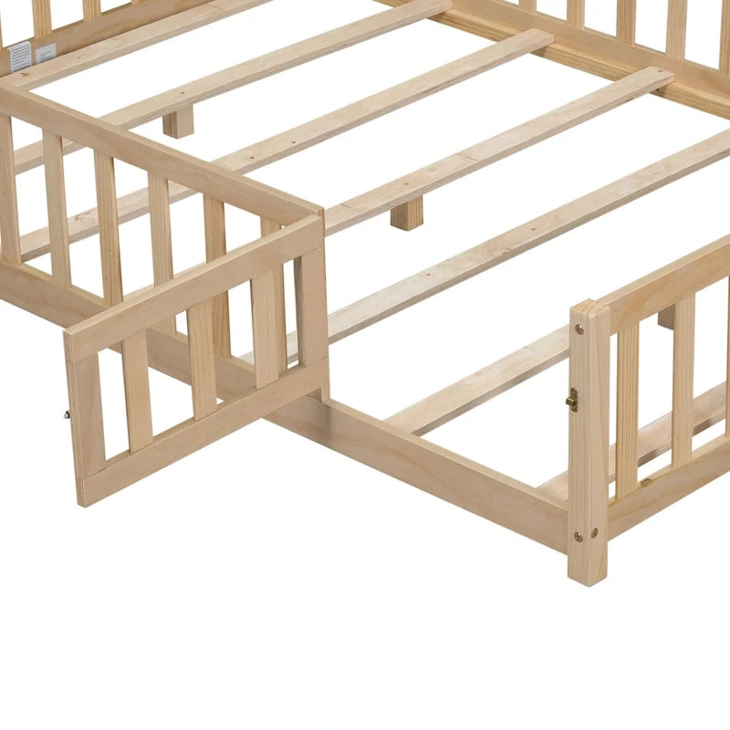 Full Size Floor Platform Bed with Fence and Door for Kids