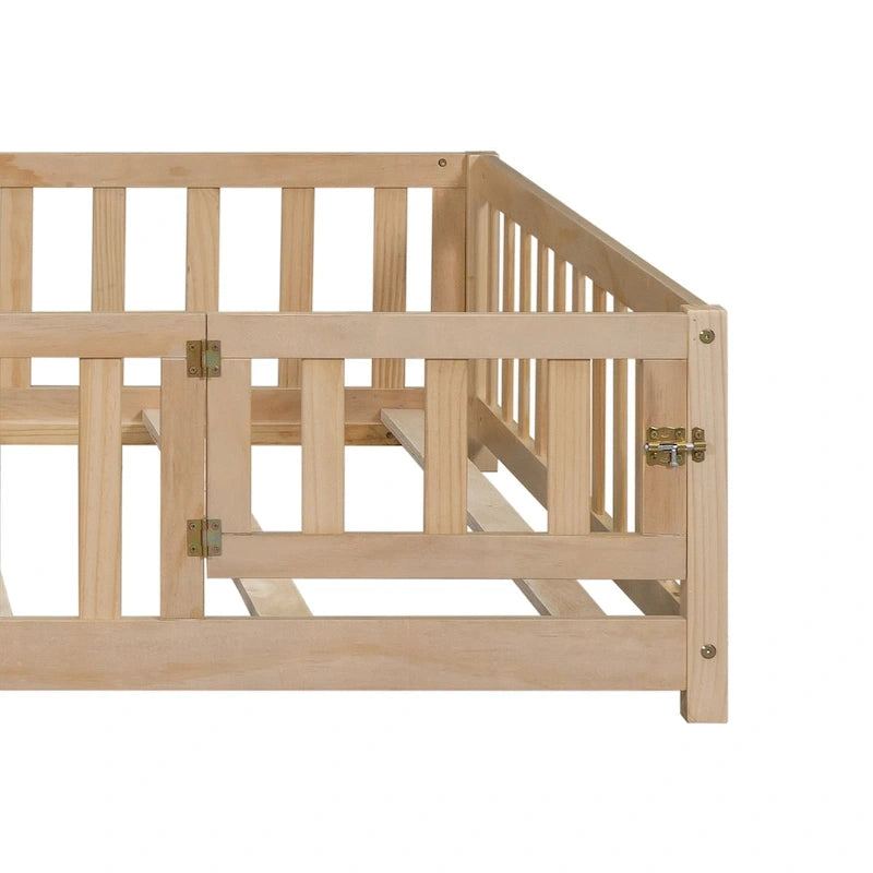Full Size Floor Platform Bed with Fence and Door for Kids