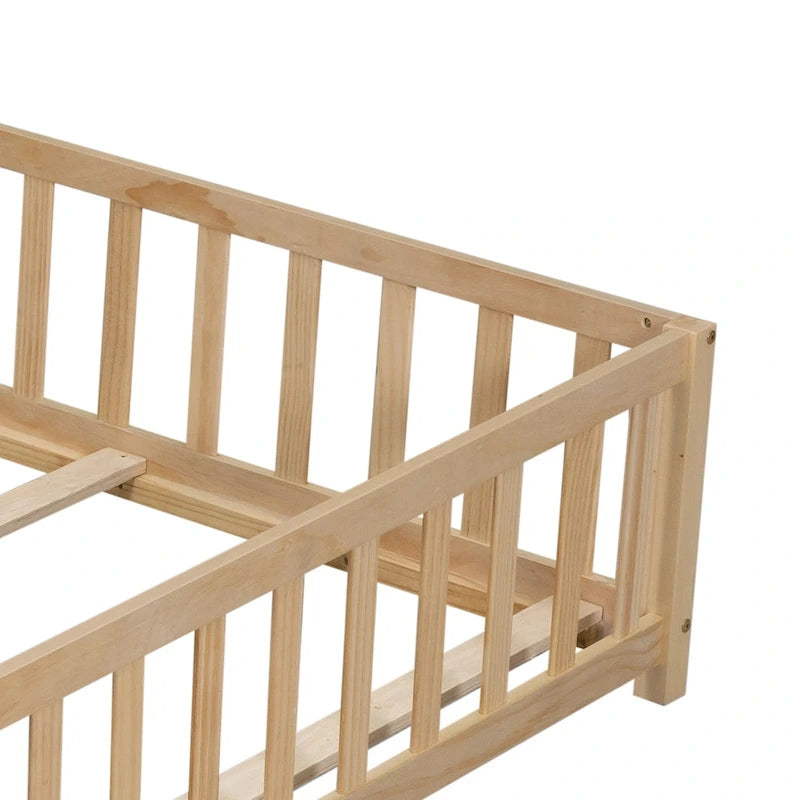 Full Size Floor Platform Bed with Fence and Door for Kids