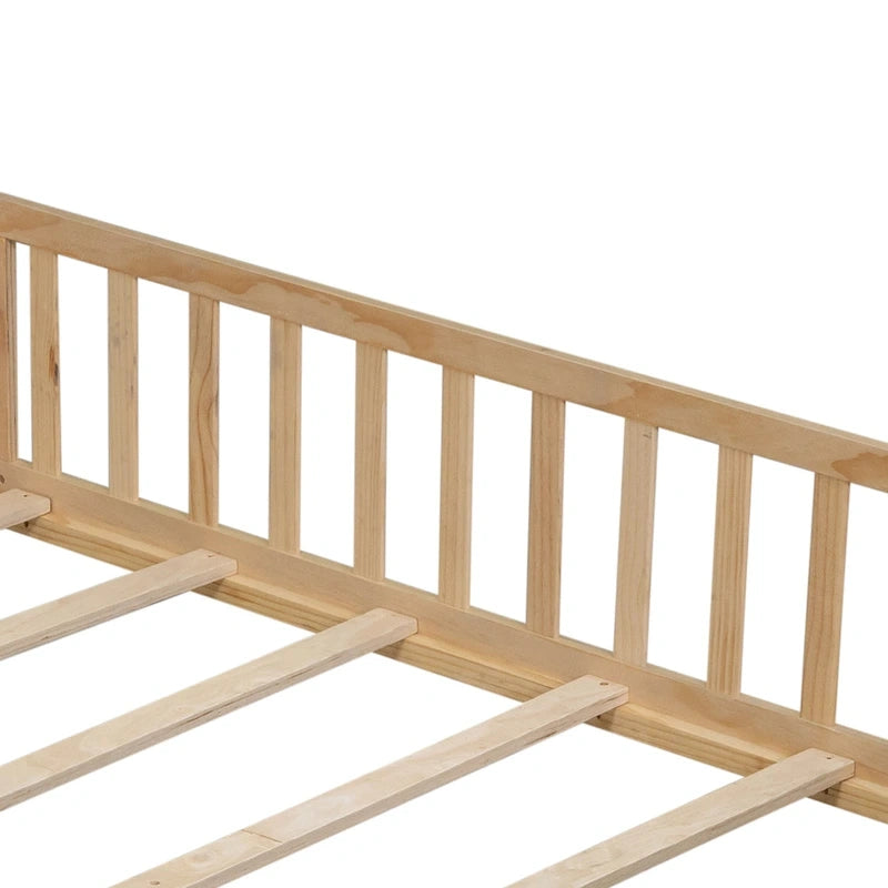 Full Size Floor Platform Bed with Fence and Door for Kids