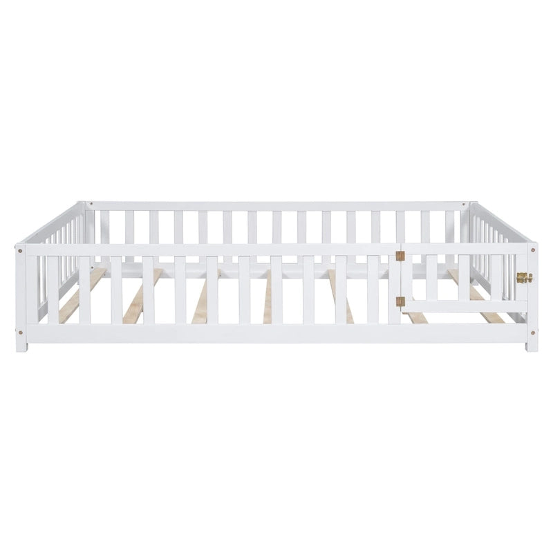 Full Size Floor Platform Bed with Fence and Door for Kids