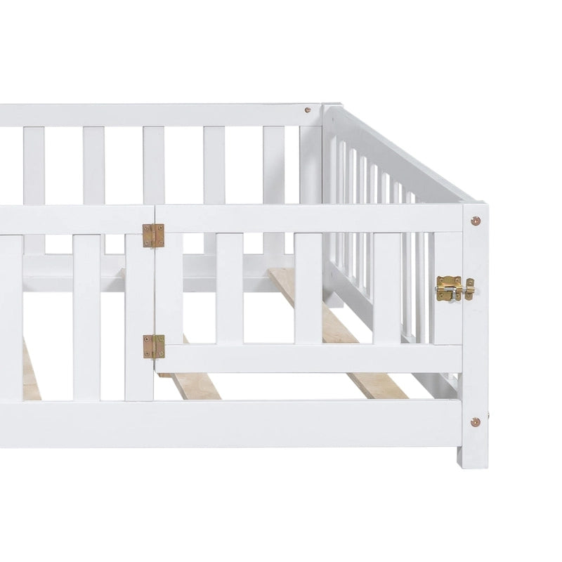 Full Size Floor Platform Bed with Fence and Door for Kids