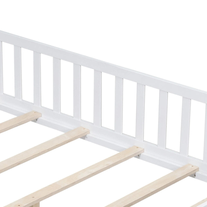 Full Size Floor Platform Bed with Fence and Door for Kids