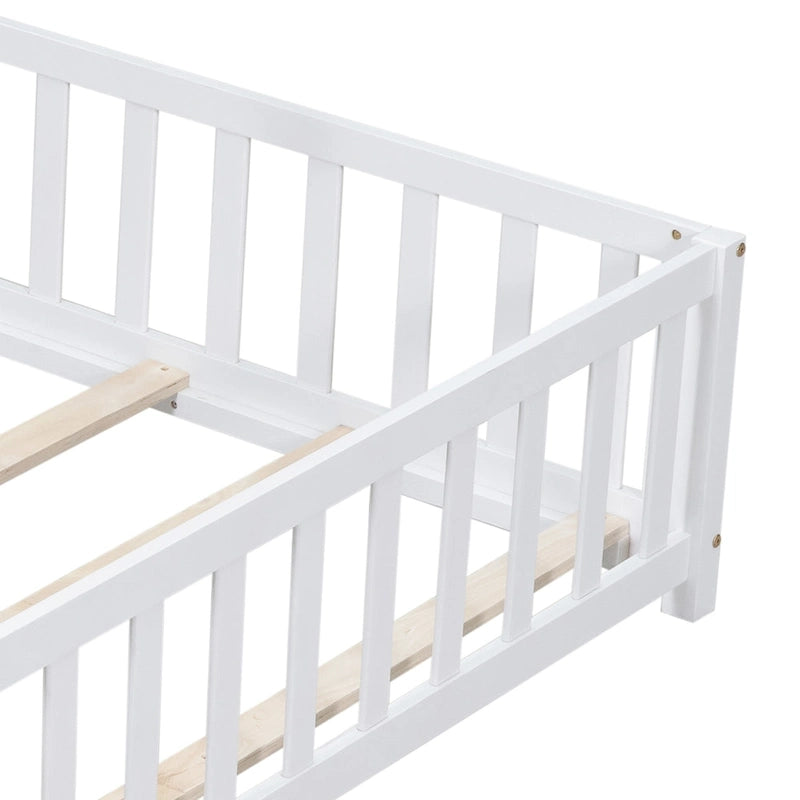 Full Size Floor Platform Bed with Fence and Door for Kids