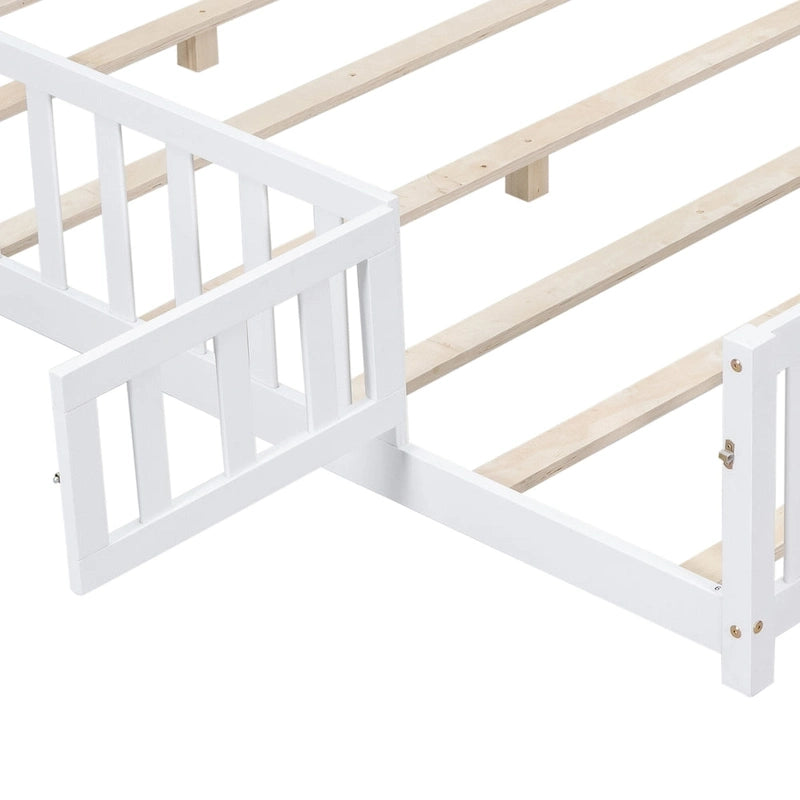 Full Size Floor Platform Bed with Fence and Door for Kids
