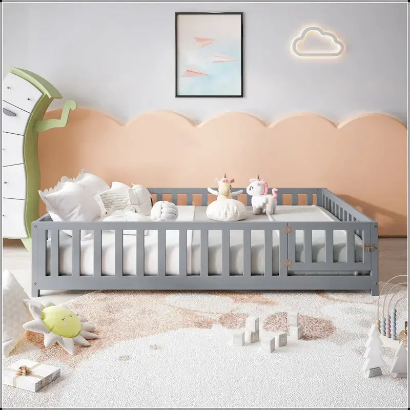Full Size Floor Platform Bed with Fence and Door for Kids