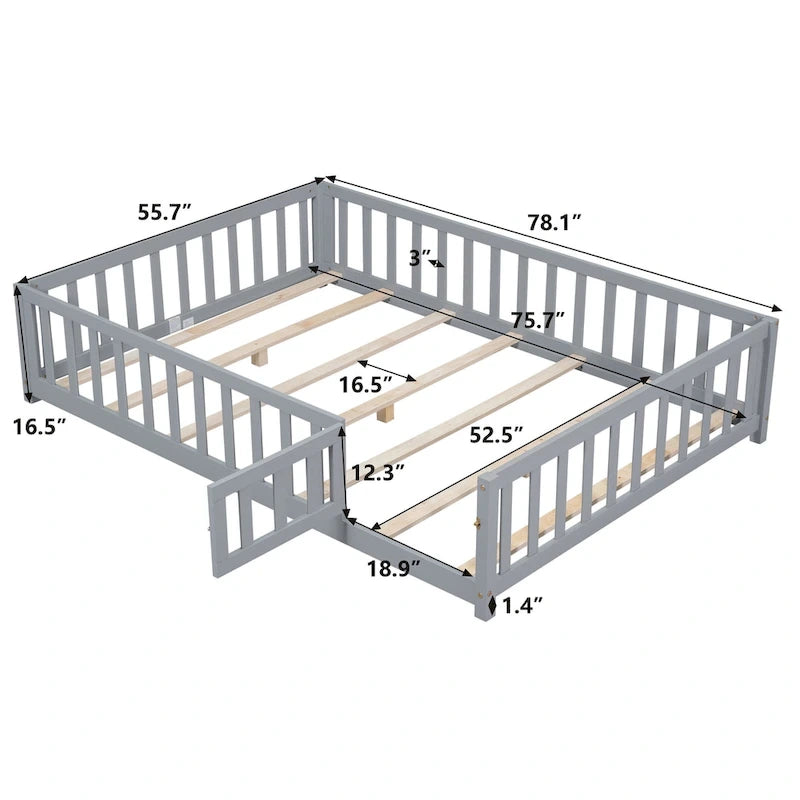 Full Size Floor Platform Bed with Fence and Door for Kids