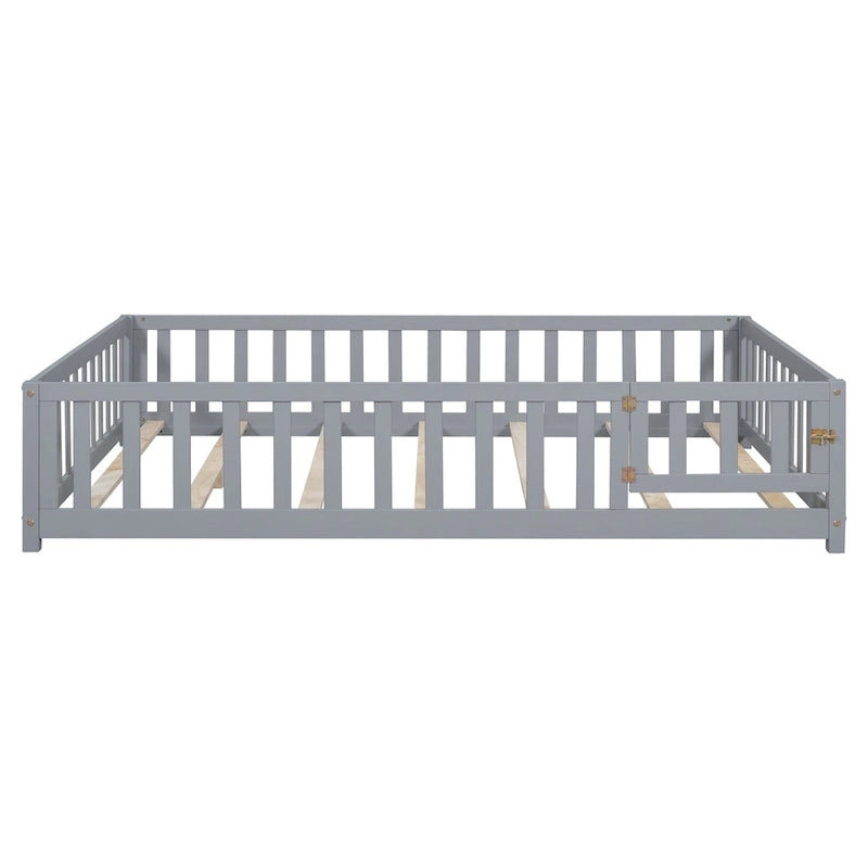 Full Size Floor Platform Bed with Fence and Door for Kids