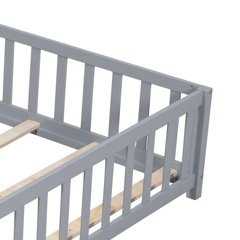 Full Size Floor Platform Bed with Fence and Door for Kids