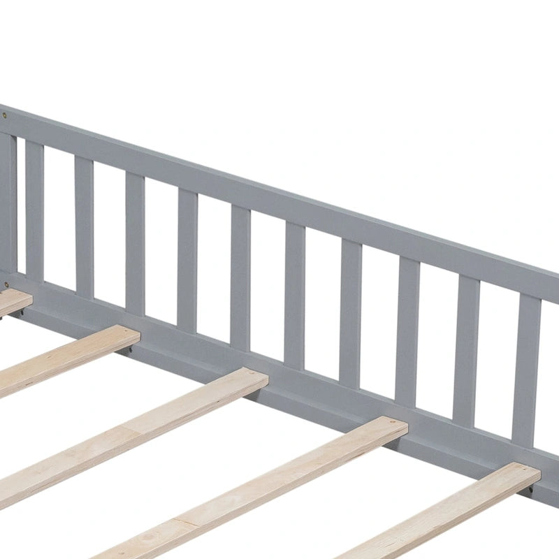 Full Size Floor Platform Bed with Fence and Door for Kids