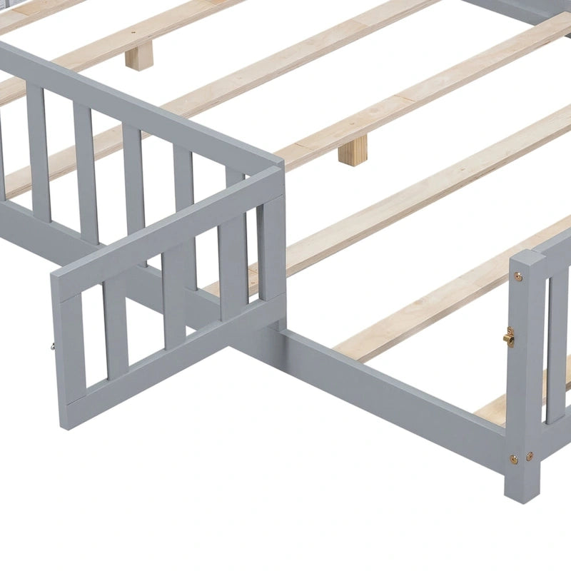Full Size Floor Platform Bed with Fence and Door for Kids