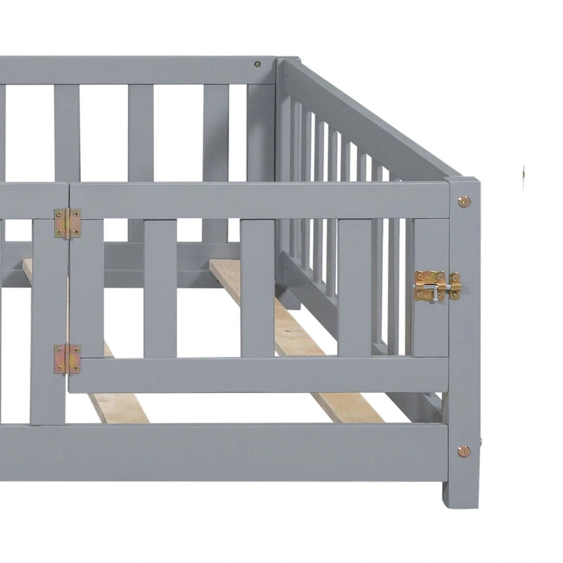 Full Size Floor Platform Bed with Fence and Door for Kids