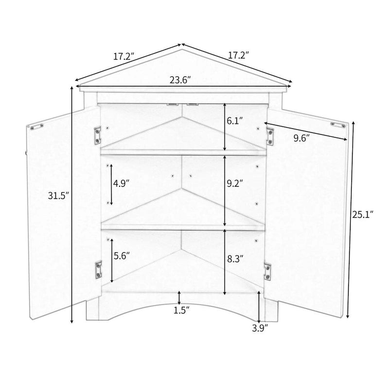 Brown Triangle Bathroom Storage Cabinet with Adjustable Shelves, Freestanding Floor Cabinet