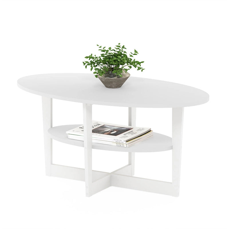 Oval Coffee Table with Built-in Shelf, Dark Walnut