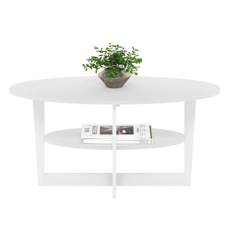 Oval Coffee Table with Built-in Shelf, Dark Walnut