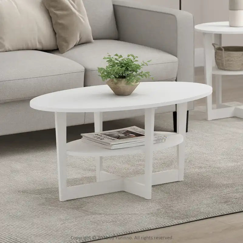 Oval Coffee Table with Built-in Shelf, Dark Walnut