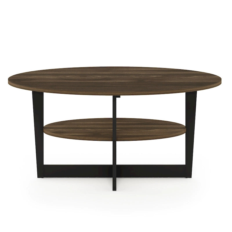 Oval Coffee Table with Built-in Shelf, Dark Walnut