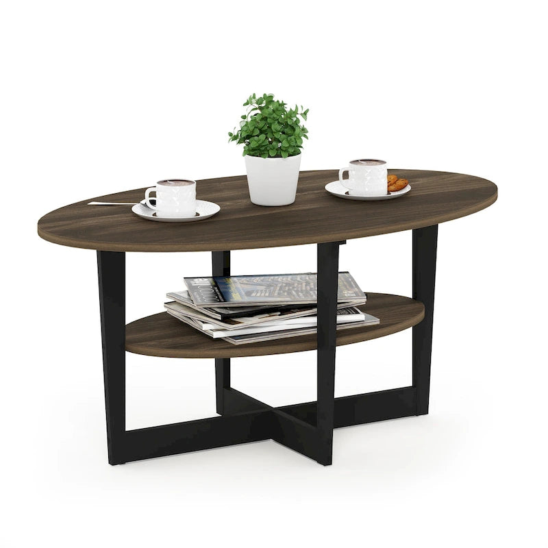 Oval Coffee Table with Built-in Shelf, Dark Walnut