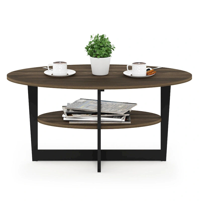 Oval Coffee Table with Built-in Shelf, Dark Walnut