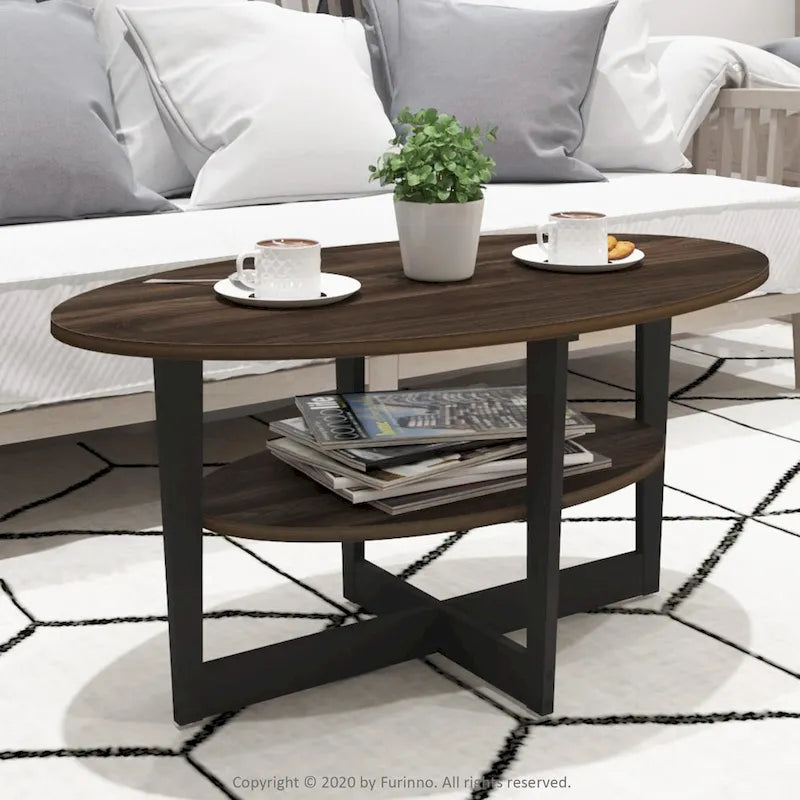 Oval Coffee Table with Built-in Shelf, Dark Walnut