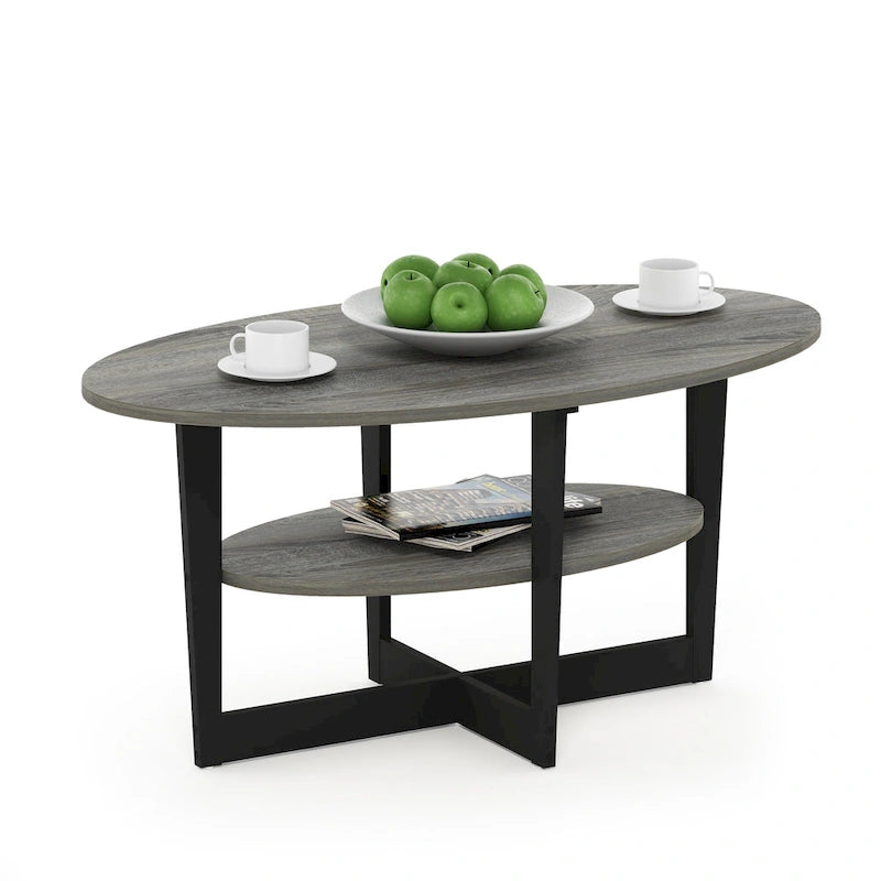 Oval Coffee Table with Built-in Shelf, Dark Walnut