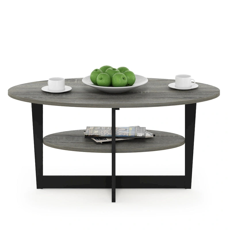 Oval Coffee Table with Built-in Shelf, Dark Walnut
