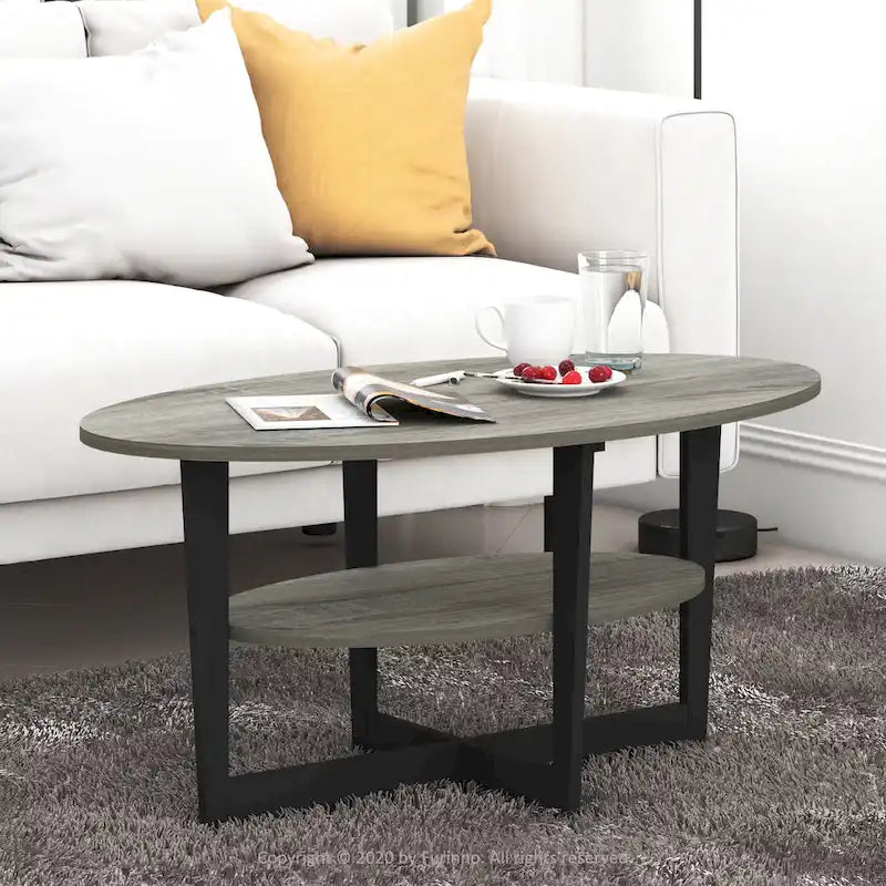 Oval Coffee Table with Built-in Shelf, Dark Walnut