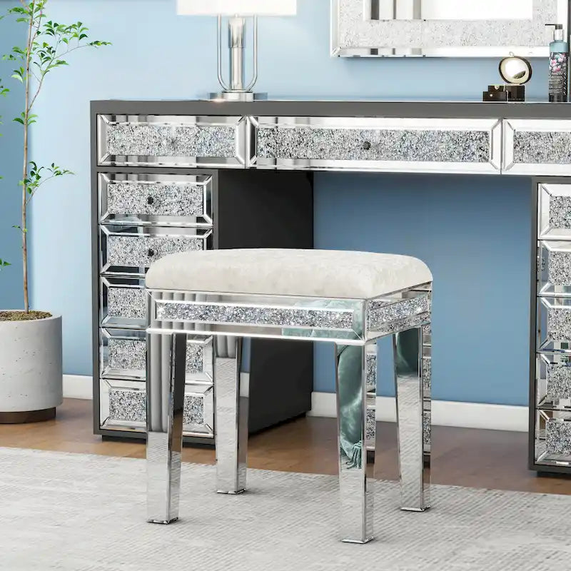Mirror Diamond Vanity Stool with Velvet Upholstered Seat