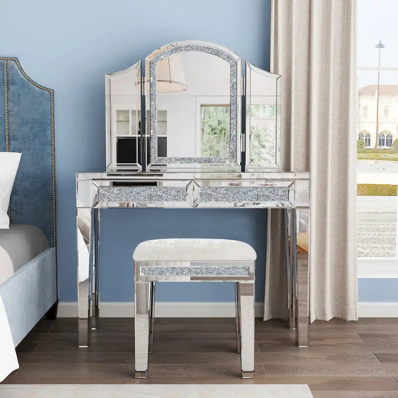 Mirror Diamond Vanity Stool with Velvet Upholstered Seat