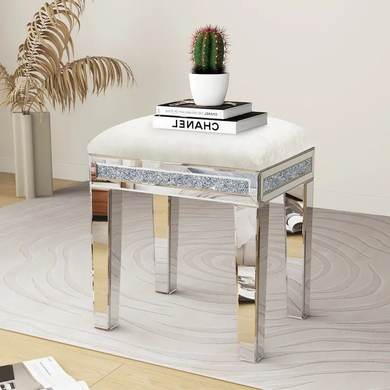 Mirror Diamond Vanity Stool with Velvet Upholstered Seat
